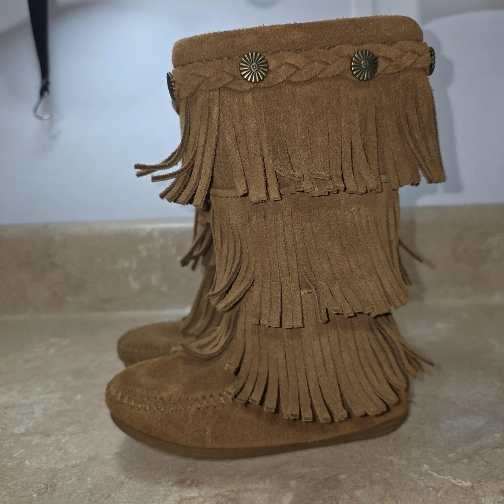Minnetonka Fringe Boots Girls 8 Brown Suede 3 Layer Western Tall Zip Moccasin